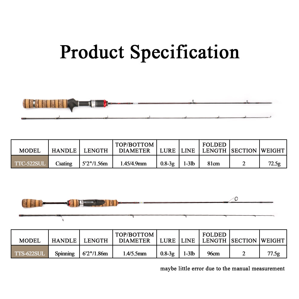 KUYING Teton SUL Super Ultralight 0.8-3g 1.56m 5'2" Casting 1.86m 6'2" Spinning Soft Carbon Fishing Rod Lure Fish Cane Stick